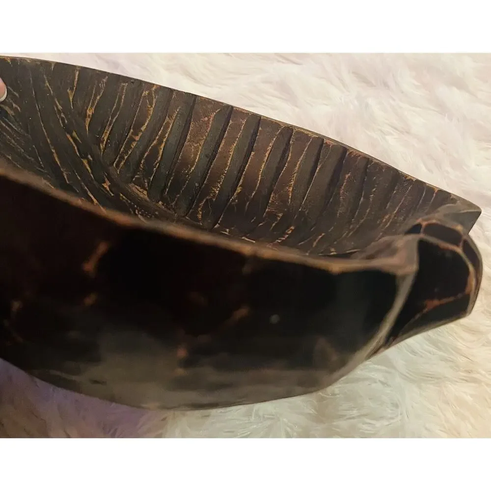 Set 2 Mango Wood Bowls Leaf Hand Carved Decor‎ Vintage Boho Tropical Indonesia